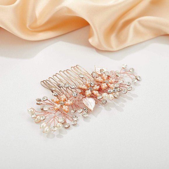 SWEETV Rose Gold Bridal Hair Comb Clip - Rhinestone Wedding Hair Accessories - Picture 6 of 8
